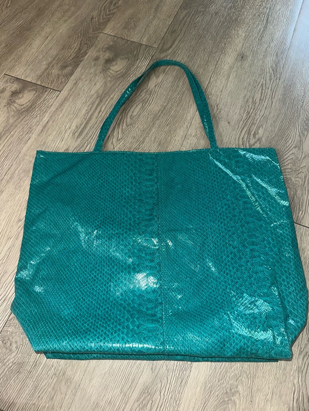 Saks Fifth Avenue Turquoise Teal Faux Snake Print Tote Bag
